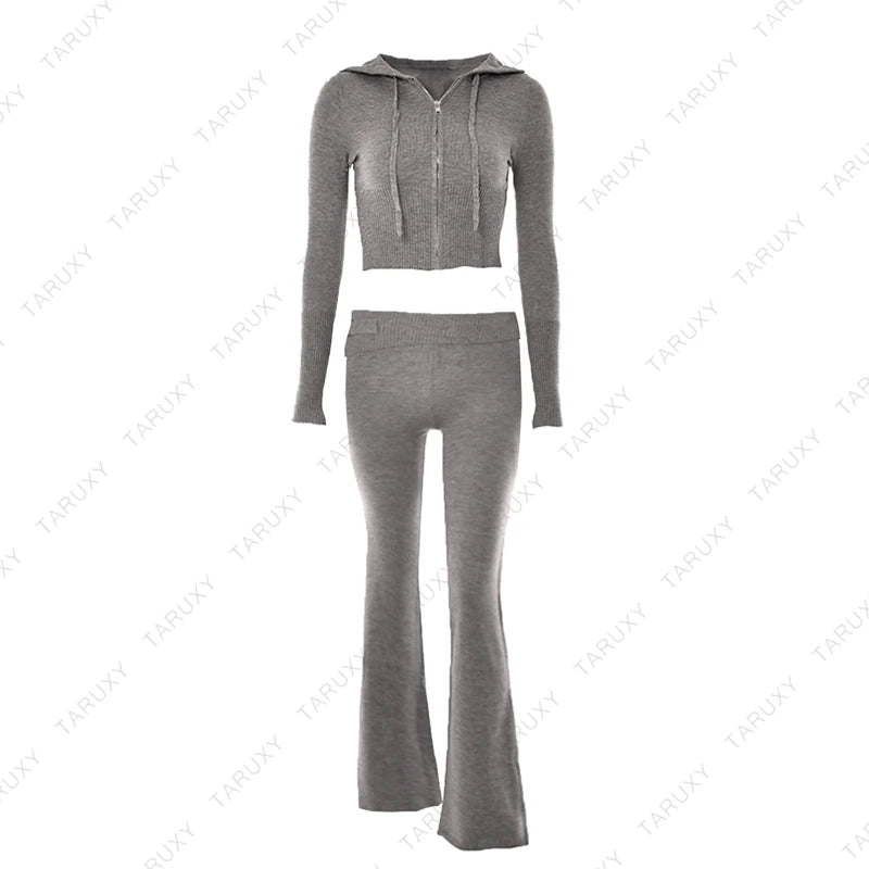 TARUXY Women Spring Outfits Casual Zipper Sweater Hoodie Set High Waist Flare Pants Suits Pink Knitted Womens Y2k Two Piece Set - Novo Fusion