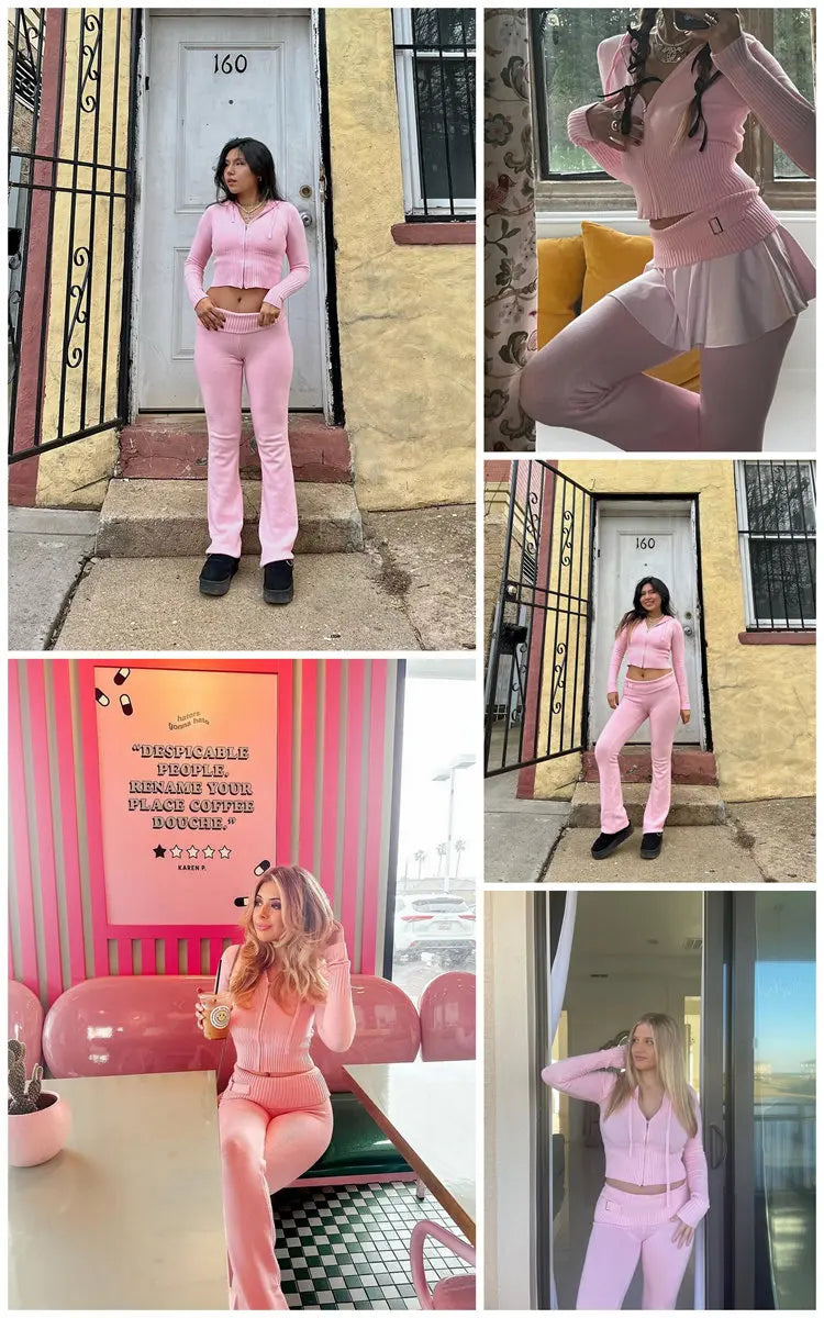 TARUXY Women Spring Outfits Casual Zipper Sweater Hoodie Set High Waist Flare Pants Suits Pink Knitted Womens Y2k Two Piece Set - Novo Fusion