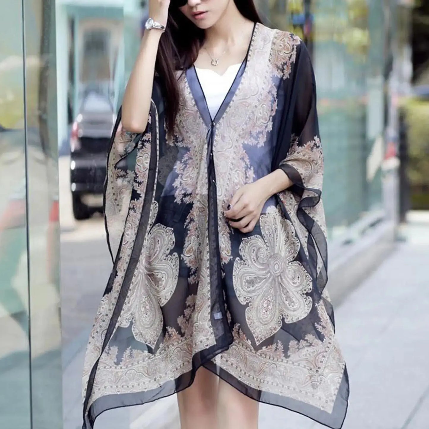 Woman Chiffon Blouse Fashion Women Scarf Shawl Printed Sunscreen Sun Protection Shawl Beach Shawl Soft Loose Bikini Cover Tops - Novo Fusion