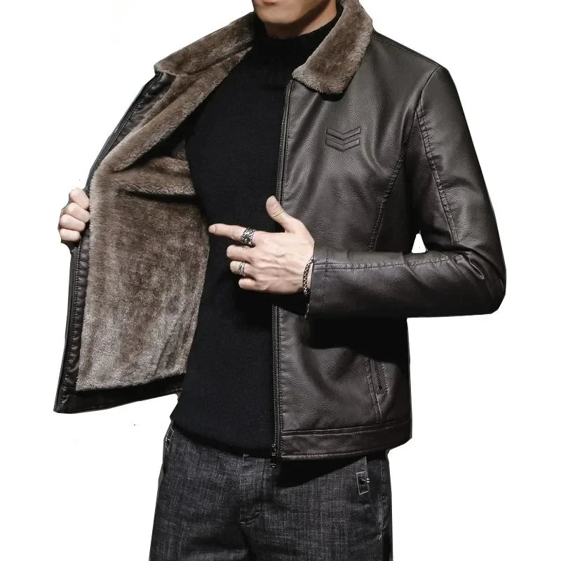Warm Coat Brand Leather jackets Men's Luxury Clothing Vintage Brown Leather Jacket Men's Winter Faux Fur Collar Windproof - Novo Fusion