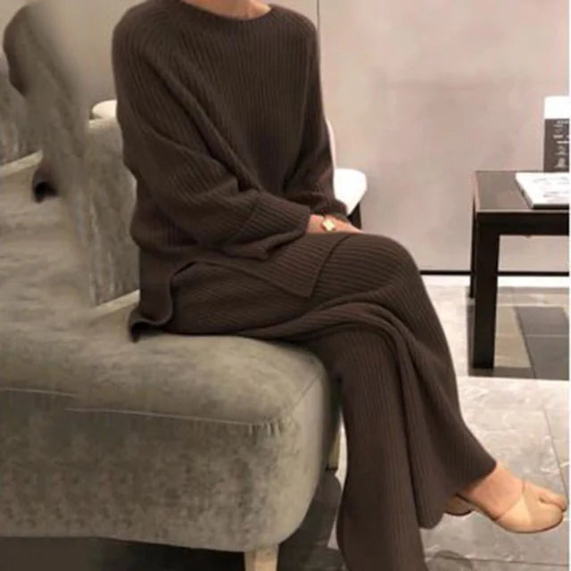 2022 Knitted Sweater Suit Women Elegant Solid O-Neck Pullovers+Wide Leg Pants Suit Lady Autumn Winter Soft 2 Piece Set Homewear - Novo Fusion
