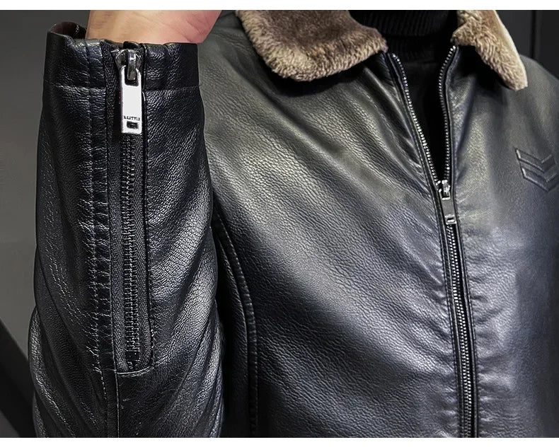 Warm Coat Brand Leather jackets Men's Luxury Clothing Vintage Brown Leather Jacket Men's Winter Faux Fur Collar Windproof - Novo Fusion