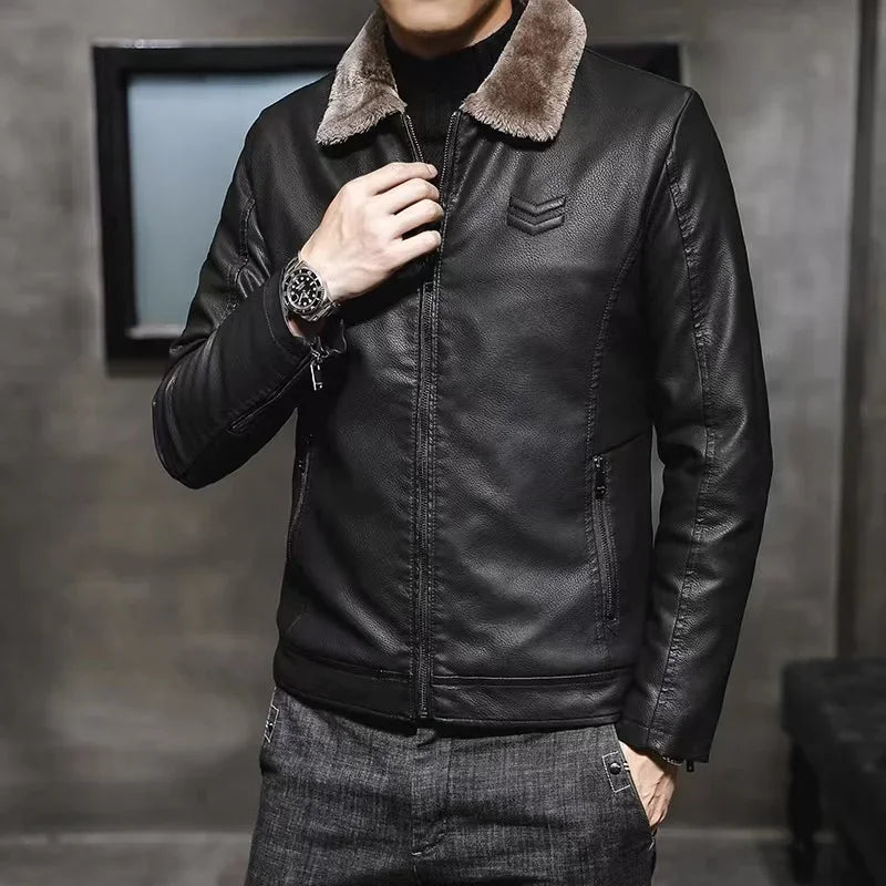 Warm Coat Brand Leather jackets Men's Luxury Clothing Vintage Brown Leather Jacket Men's Winter Faux Fur Collar Windproof - Novo Fusion