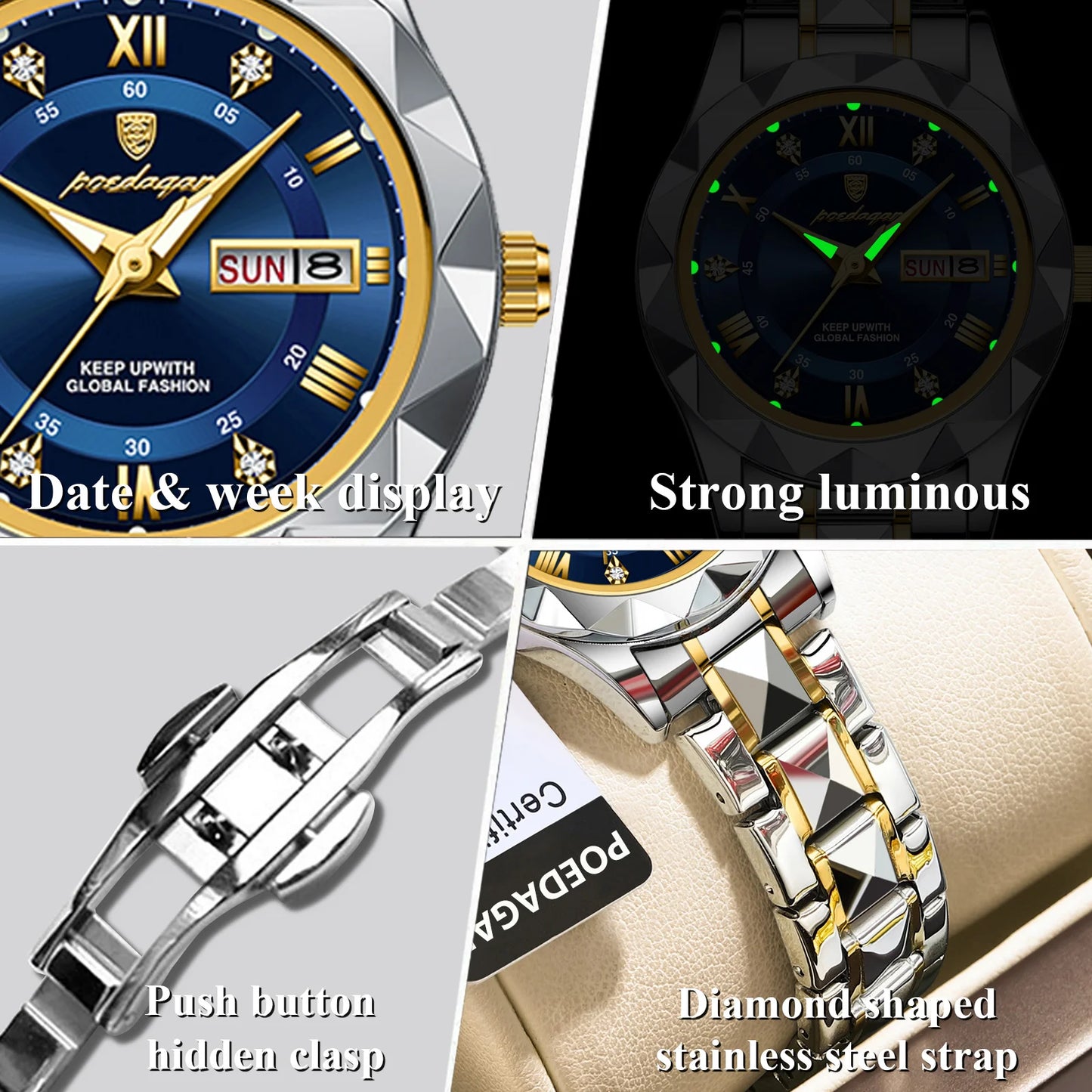 POEDAGAR Luxury Ladies Dress Watch Luminous Waterproof Week Date Woman Wristwatch Stainless Steel Women Quartz Watches reloj+box - Novo Fusion
