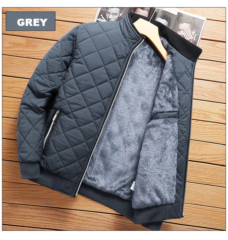 Brand New Slim Fit Coat Autumn Winter Bomber Jacket Men Diamond Pattern Fleece Lined Casual Jacket Men Fashion Clothing - Novo Fusion