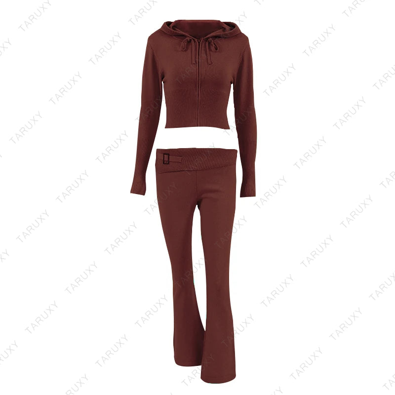 TARUXY Women Spring Outfits Casual Zipper Sweater Hoodie Set High Waist Flare Pants Suits Pink Knitted Womens Y2k Two Piece Set - Novo Fusion