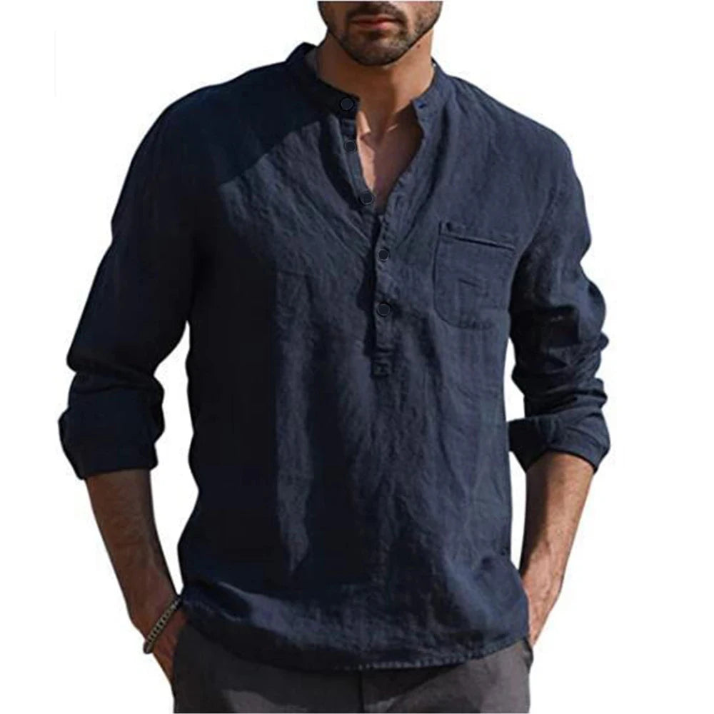 Cotton Linen Hot Sale Men's Long-Sleeved Shirts Summer Solid Color Stand-Up Collar Casual Beach Style Plus Size - Novo Fusion