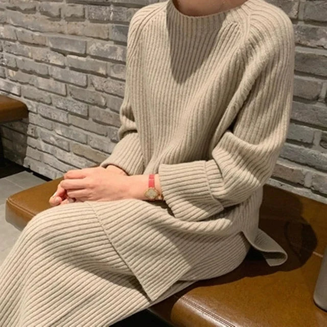 2022 Knitted Sweater Suit Women Elegant Solid O-Neck Pullovers+Wide Leg Pants Suit Lady Autumn Winter Soft 2 Piece Set Homewear - Novo Fusion