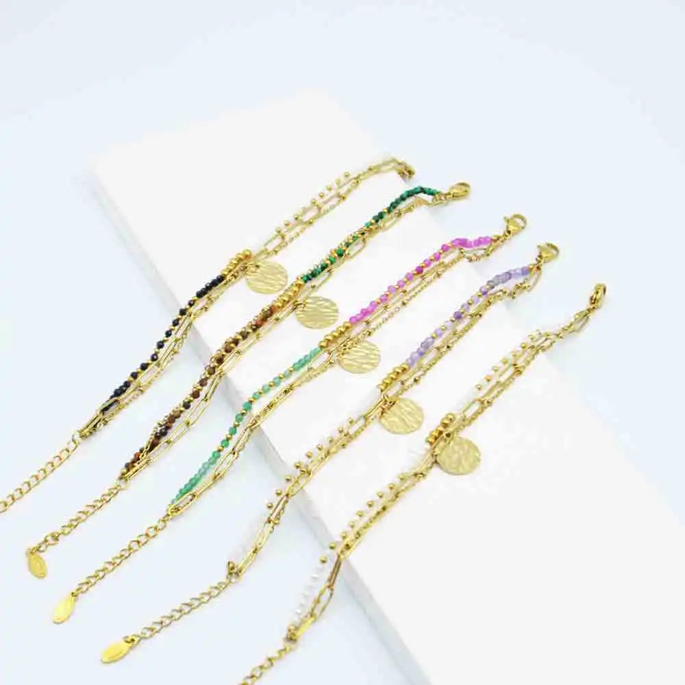 Bohemian Natural Stone Layered Bracelet for Women Gold Plated Stainless Steel Chain Bracelet Men Ladies Fashion jewelry Gifts - Novo Fusion