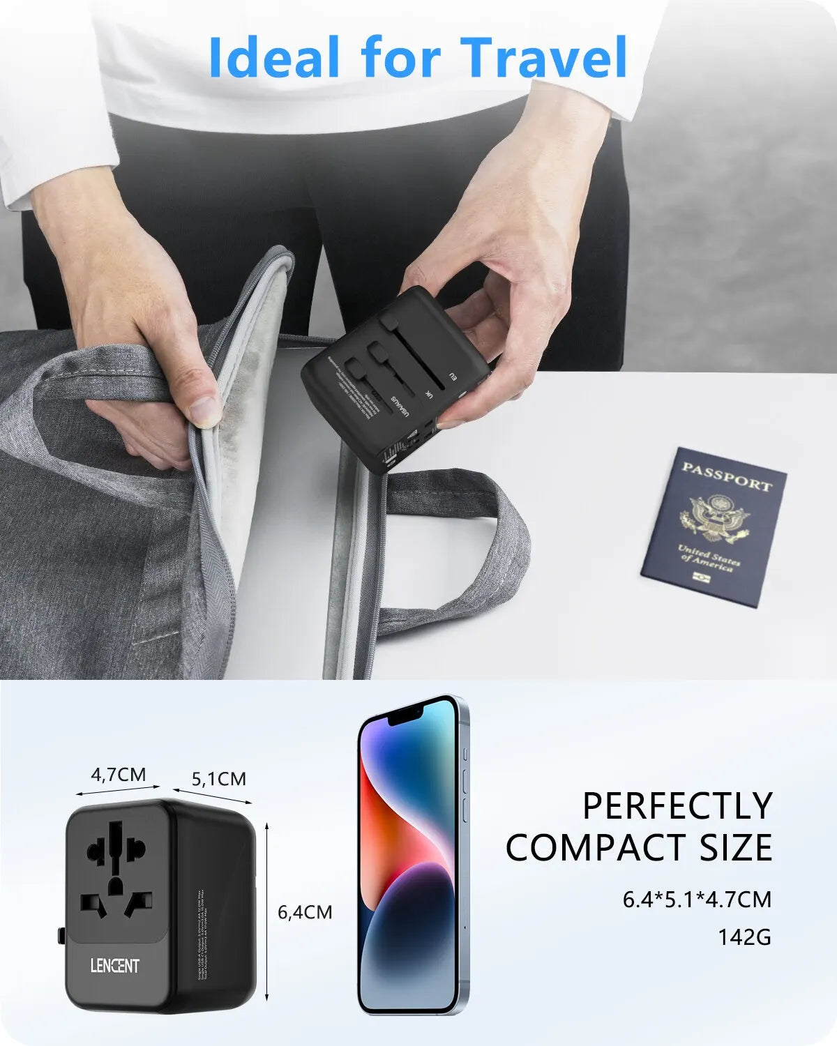 LENCENT Universal Travel Adapter with 3 USB Ports 1Type-C PD Charging All-in-one Travel Adapter EU/UK/USA/AUS Plug for Travel - Novo Fusion