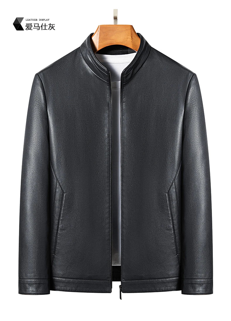 YN-2335 Spring and Autumn Men's Genuine Leather Polo Mock Neck Jacket Fashion Slim Sheepskin Coat Black Grey Husband Gift Youth - Novo Fusion