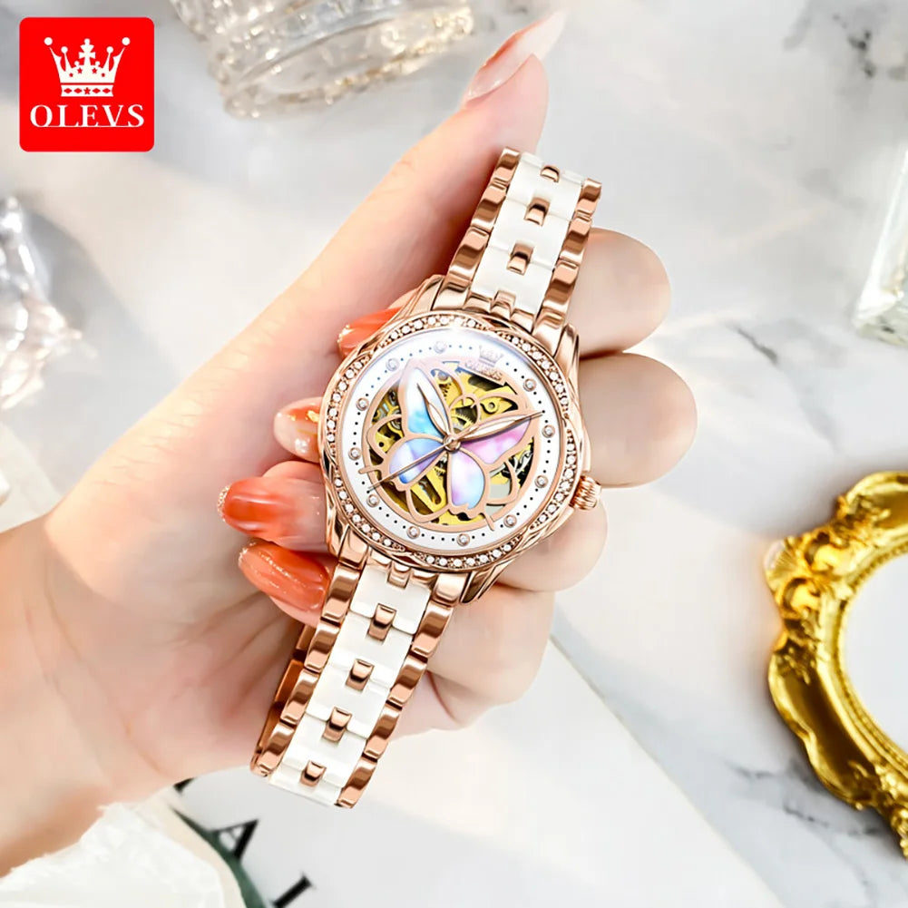 OLEVS 6615 Butterfly Hollow Luxury Mechanical Watch For Women Top Brand Original Watches Diamond Waterproof Ladies Hand Clock - Novo Fusion