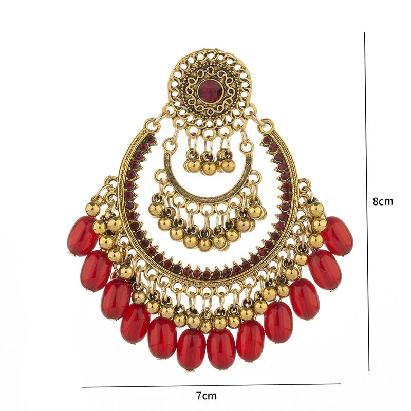 Retro Women Indian Earrings Jhumka Jewelry Bohemian Ethnic Hollow Earrings Vintage Red Crystal Beads Bell Tassel Earrings Female - Novo Fusion
