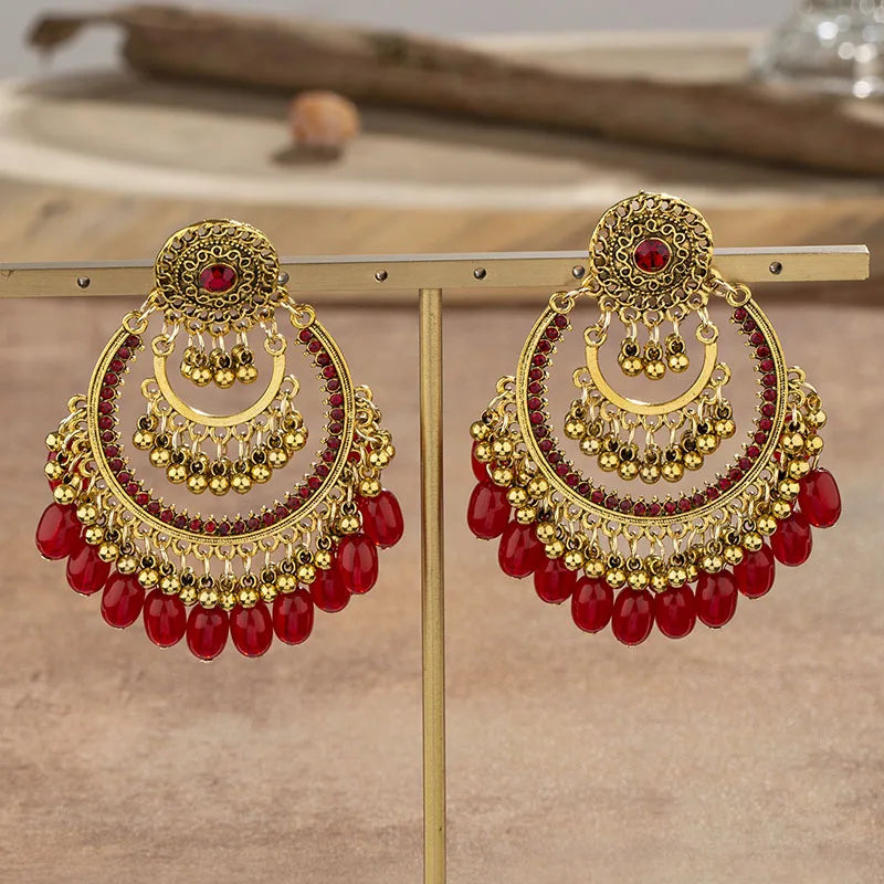 Retro Women Indian Earrings Jhumka Jewelry Bohemian Ethnic Hollow Earrings Vintage Red Crystal Beads Bell Tassel Earrings Female - Novo Fusion