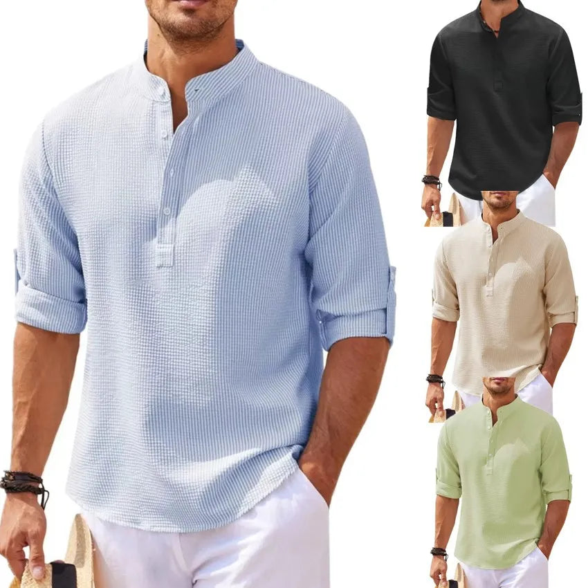 2024 New Men's stand collar shirt T-shirt men's Long sleeve shirt Men's casual shirt Top men Long sleeve Top men shirt S-5XL - Novo Fusion