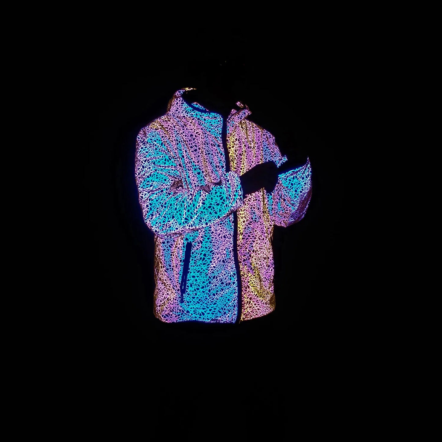 Autumn Winter Colorful Reflective Hooded Jacket Mens Harajuku Hip Hop Night Club Reflect Light Shiny Coats Windbreaker - Novo Fusion