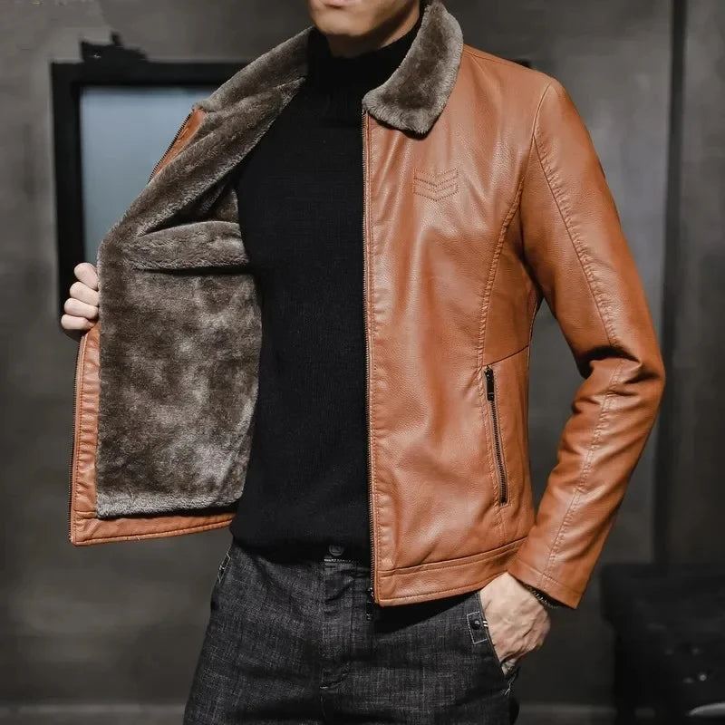 Warm Coat Brand Leather jackets Men's Luxury Clothing Vintage Brown Leather Jacket Men's Winter Faux Fur Collar Windproof - Novo Fusion