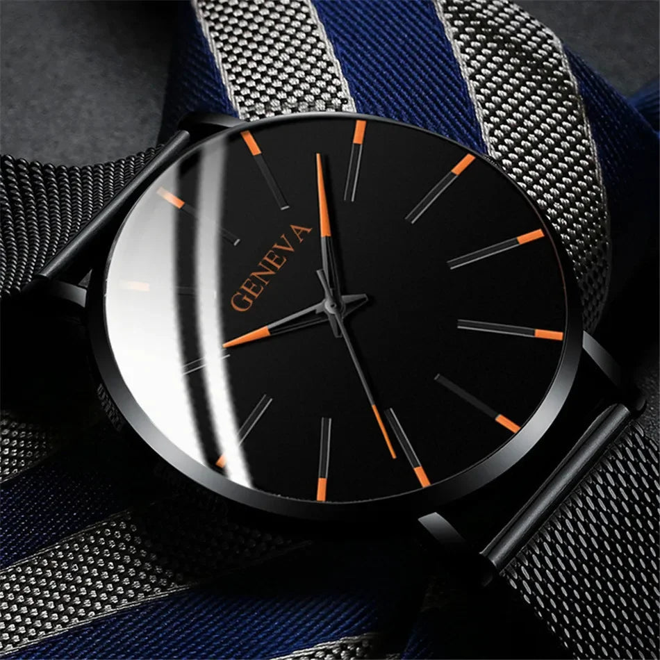 2024 New Mens Fashion Watches Luxury Ultra Thin Stainless Steel Mesh Strap Quartz Watch Rose Gold Men Watch Gifts Reloj Hombre - Novo Fusion