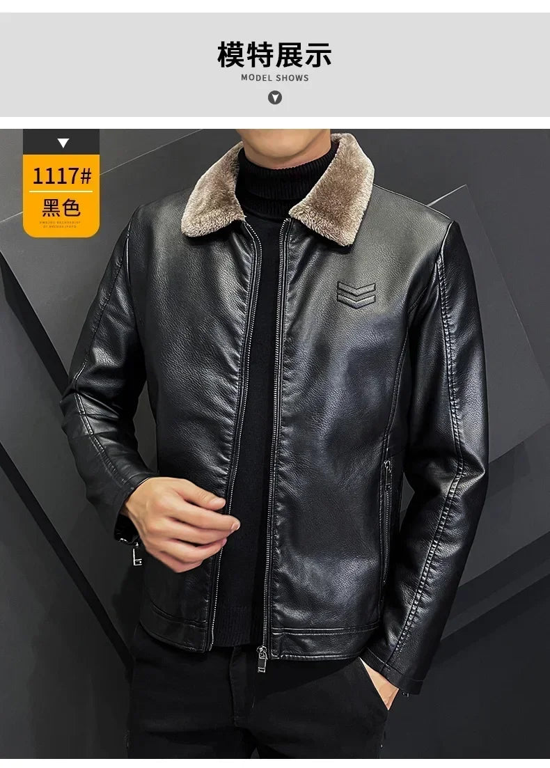 Warm Coat Brand Leather jackets Men's Luxury Clothing Vintage Brown Leather Jacket Men's Winter Faux Fur Collar Windproof - Novo Fusion