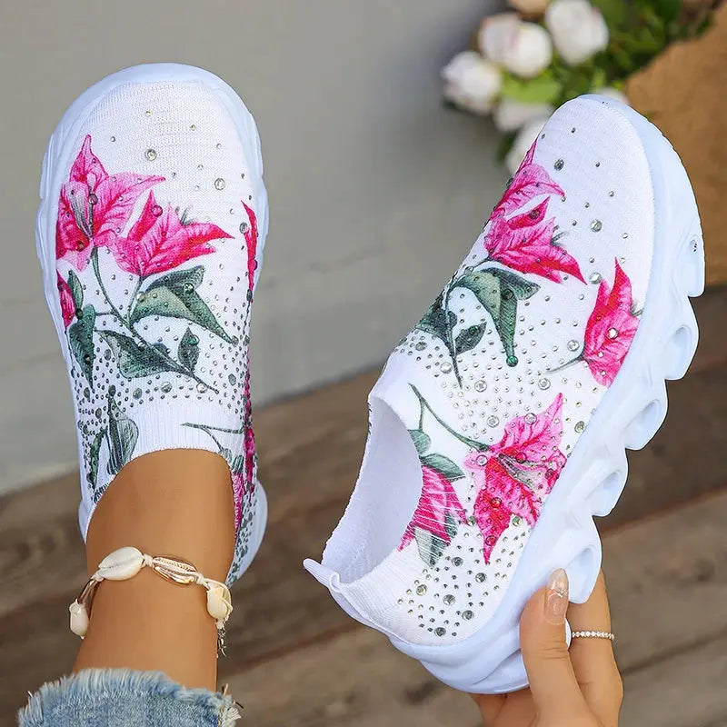 Lucyever Plus Size Printed Platform Sneakers Woman Fashion Shining Crystals Flat Shoes for Women Breathable Mesh Walking Shoes - Novo Fusion
