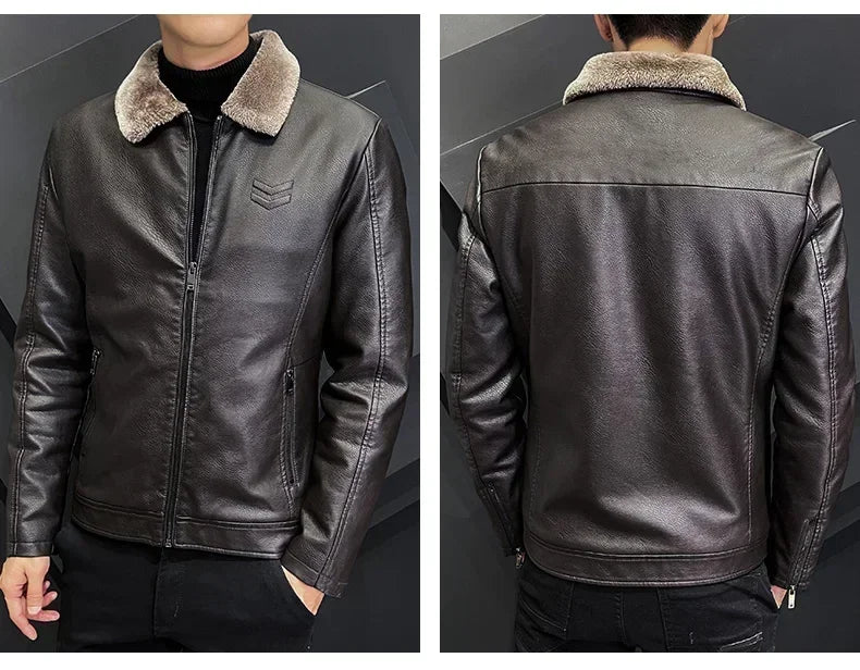 Warm Coat Brand Leather jackets Men's Luxury Clothing Vintage Brown Leather Jacket Men's Winter Faux Fur Collar Windproof - Novo Fusion