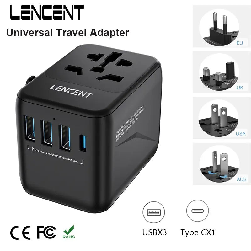 LENCENT Universal Travel Adapter with 3 USB Ports 1Type-C PD Charging All-in-one Travel Adapter EU/UK/USA/AUS Plug for Travel - Novo Fusion