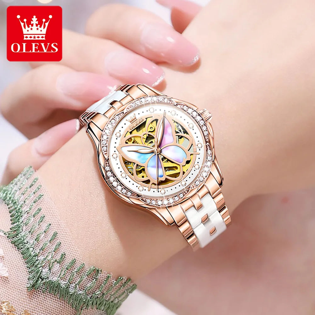 OLEVS 6615 Butterfly Hollow Luxury Mechanical Watch For Women Top Brand Original Watches Diamond Waterproof Ladies Hand Clock - Novo Fusion