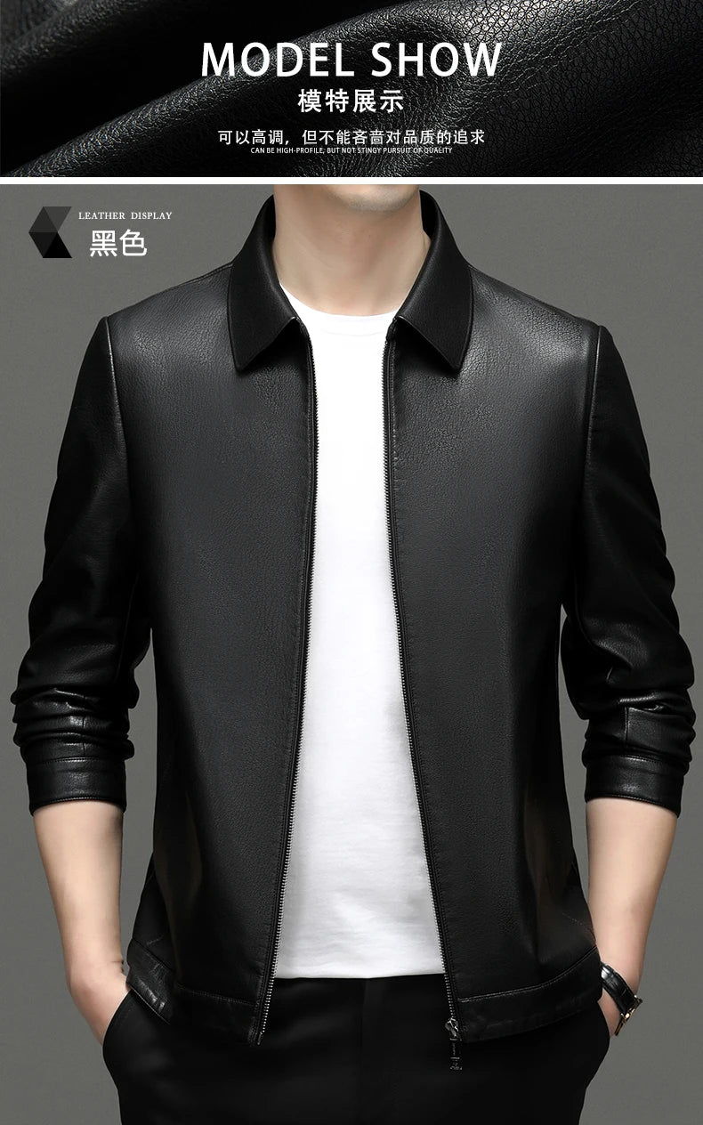 YN-2335 Spring and Autumn Men's Genuine Leather Polo Mock Neck Jacket Fashion Slim Sheepskin Coat Black Grey Husband Gift Youth - Novo Fusion