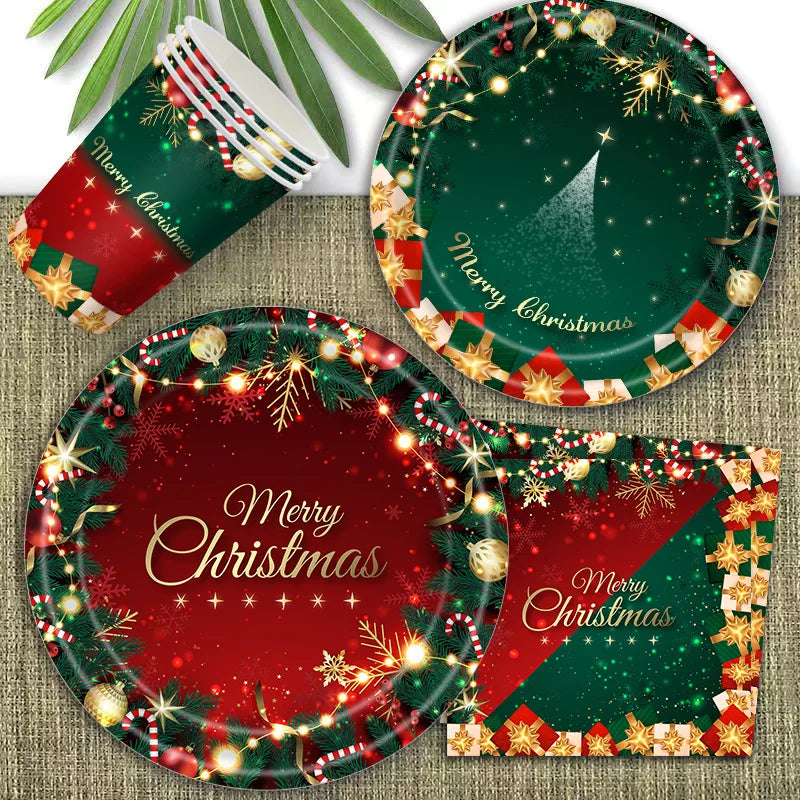Christmas Party Disposable Tableware Plates Cups napkins Xmas Christmas Tablecloth napkins cups Christmas party Decoration 2024 - Novo Fusion
