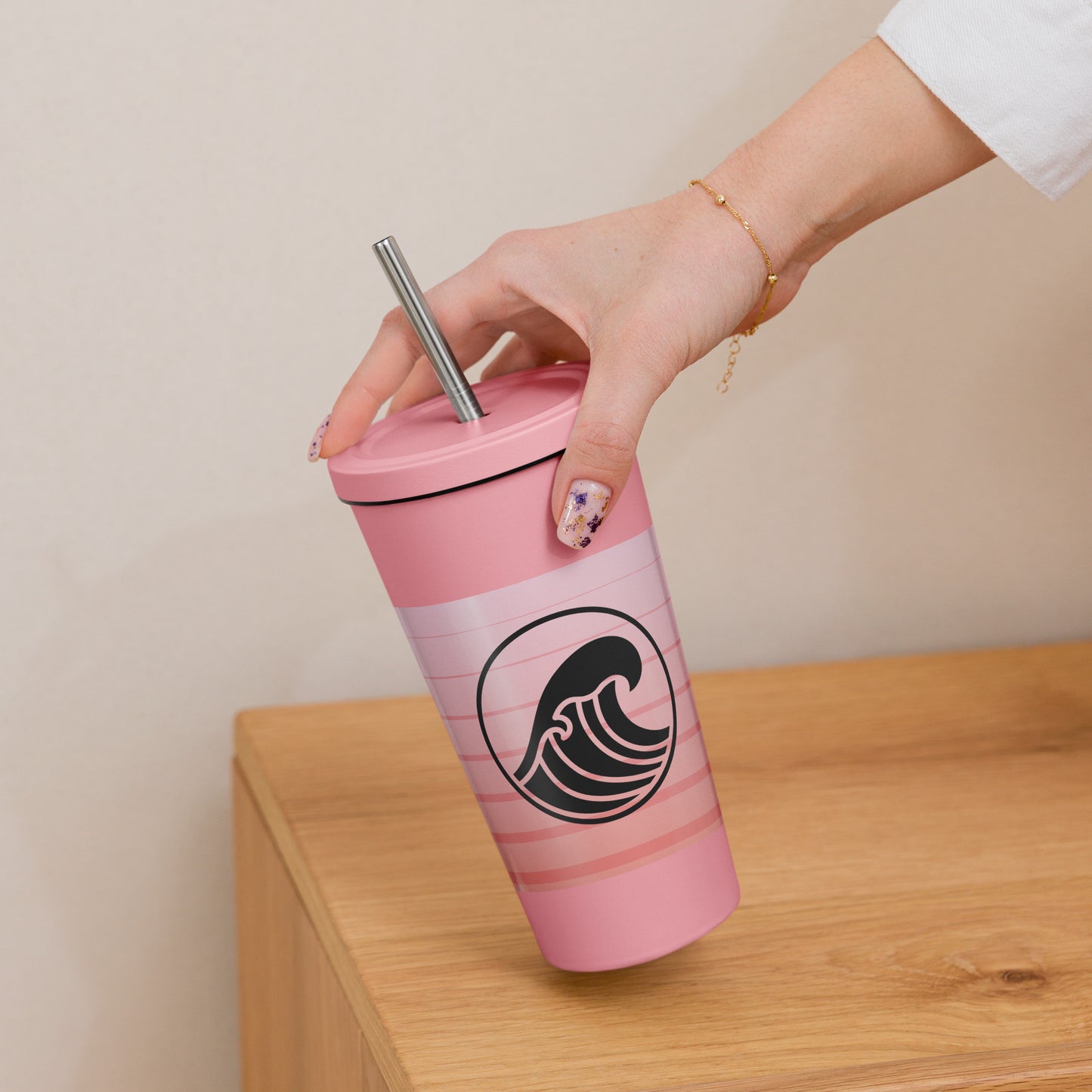 High-Grade Sustainable Stainless Steel Pink Wave Insulated Tumbler With a Straw - Novo Fusion