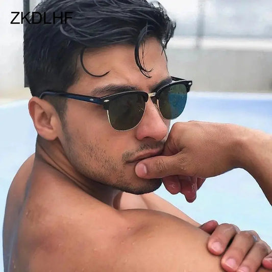 Half Frame Polarized Sunglasses Man Woman Luxury Brand Designer Sun Glasses Male Retro Rivet Mirror Eyewear Metal Gafas De Sol - Novo Fusion