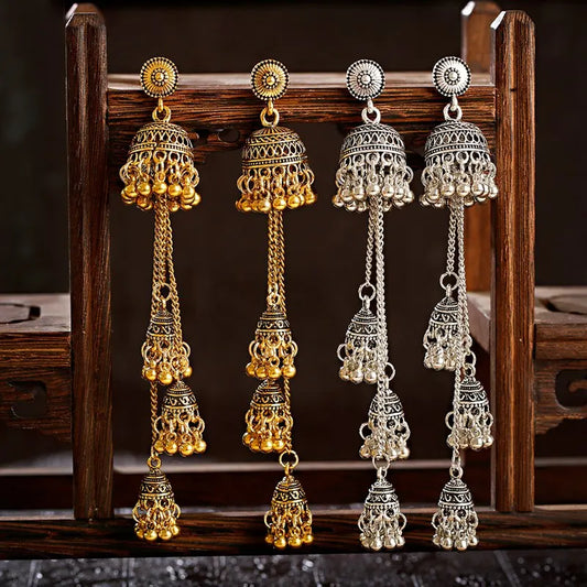 Retro Bollywood Oxidized Women Jhumka Indian Earrings Femmes 2020 Ethnic Gold Silver Color Afghan Bell Long Tassel Drop Earrings Novo Fusion - Chic Essentials for Life's Canvas