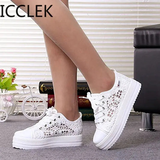 Women Shoes Fashion Summer Casual Shoes White Sneakers Cutouts Lace Canvas Hollow Breathable Platform Sneakers Tenis Feminino - Novo Fusion