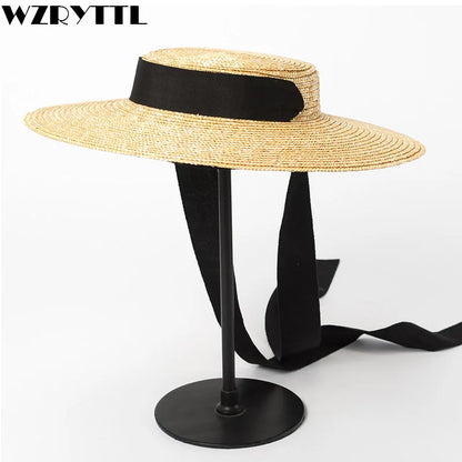 Wide Brim Boater Hat 10cm 15cm Brim Straw Hat Flat Women Summer Kentucky Derby Hat White Black Ribbon Tie Sun Hat Beach Cap - Novo Fusion