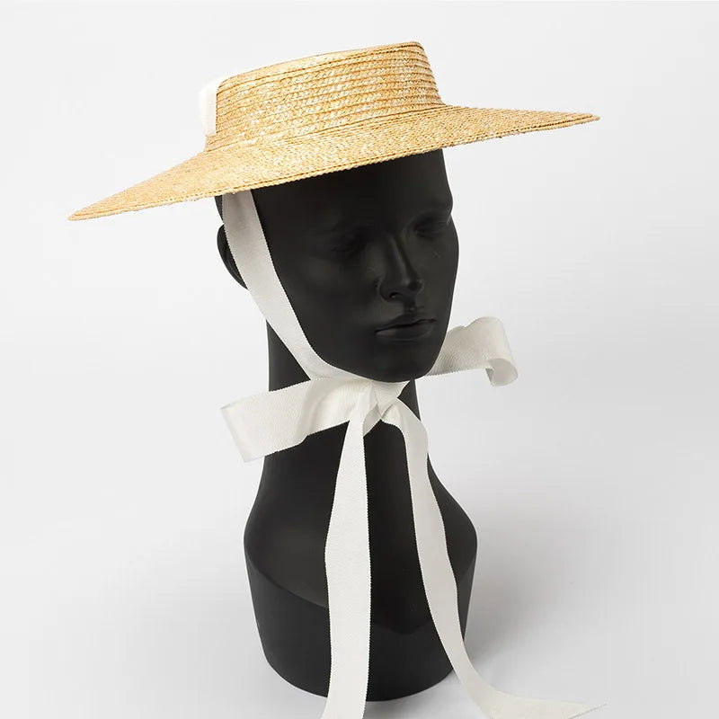 Wide Brim Boater Hat 10cm 15cm Brim Straw Hat Flat Women Summer Kentucky Derby Hat White Black Ribbon Tie Sun Hat Beach Cap - Novo Fusion
