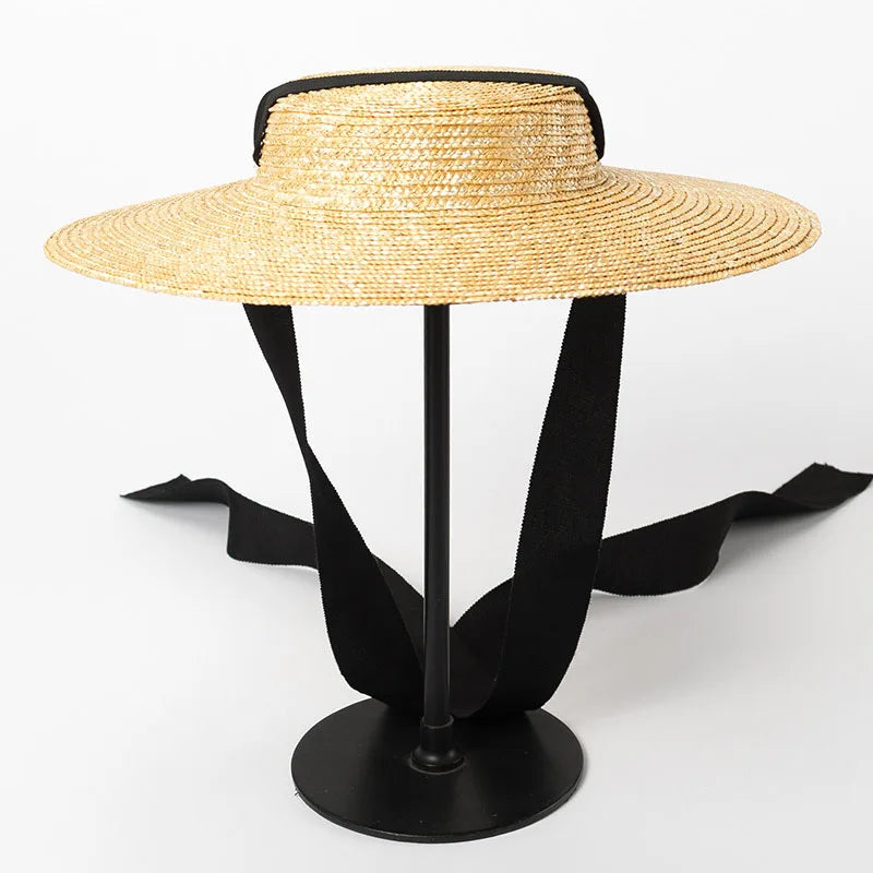 Wide Brim Boater Hat 10cm 15cm Brim Straw Hat Flat Women Summer Kentucky Derby Hat White Black Ribbon Tie Sun Hat Beach Cap - Novo Fusion