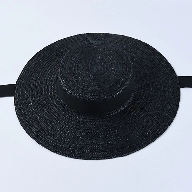 Wide Brim Boater Hat 10cm 15cm Brim Straw Hat Flat Women Summer Kentucky Derby Hat White Black Ribbon Tie Sun Hat Beach Cap - Novo Fusion