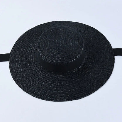 Wide Brim Boater Hat 10cm 15cm Brim Straw Hat Flat Women Summer Kentucky Derby Hat White Black Ribbon Tie Sun Hat Beach Cap - Novo Fusion