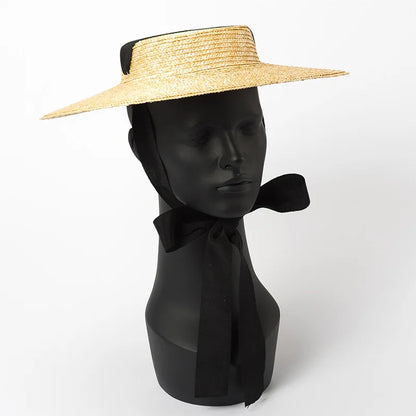 Wide Brim Boater Hat 10cm 15cm Brim Straw Hat Flat Women Summer Kentucky Derby Hat White Black Ribbon Tie Sun Hat Beach Cap - Novo Fusion