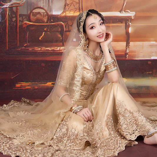 Indian Traditional Clothes Female Bollywood Dance Golden Saree Suit Oriental Dance Stage Performance Costumes For Women DQL6466 Novo Fusion - Chic Essentials for Life's Canvas