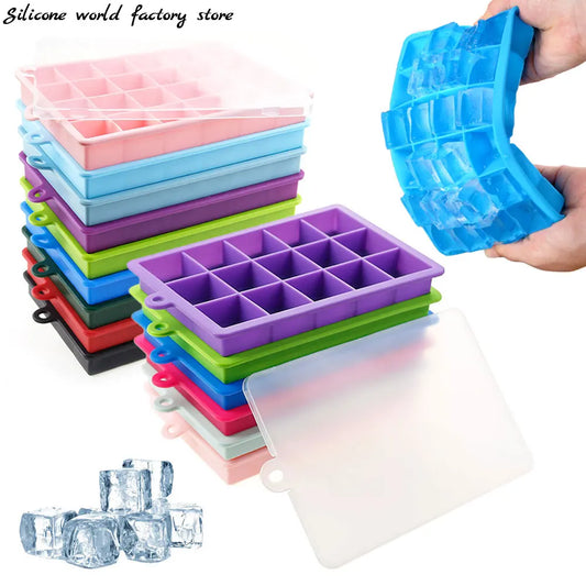 Silicone world 24/15 Grids Silicone Ice Cube Mold Trays with Lids Icecream Cold Drinks Whiskey Cocktails Kitchen Tools Ice Mold - Novo Fusion