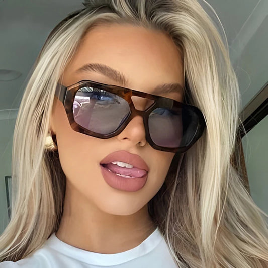 Vintage Square Sunglasses for Women Men Thick Frame Double Bridges Eyewear Female Fashion Chic Polygon Sun Glasses Leopard Blue - Novo Fusion