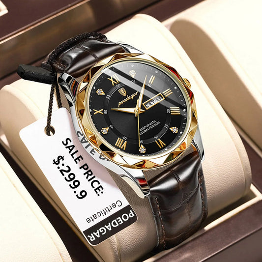 POEDAGAR Luxury Business Man Wristwatch Waterproof Luminous Date Week Men Watch For Men Quartz Clock Leather Men's Watches reloj - Novo Fusion