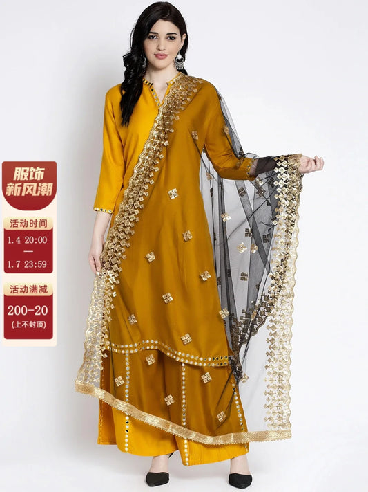 Indian Saree Long Cotton Silk Yellow Ethnic Style Thin Breathable Top Pants Scarf Indian Sari Traditional Indian Clothing Set - Novo Fusion
