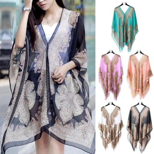 Woman Chiffon Blouse Fashion Women Scarf Shawl Printed Sunscreen Sun Protection Shawl Beach Shawl Soft Loose Bikini Cover Tops - Novo Fusion