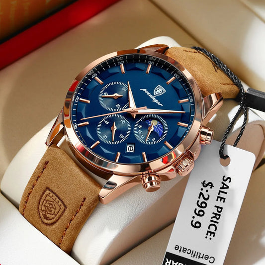 POEDAGAR Men Quartz Watch Luxury Sports Waterproof Chronograph Luminous Date Man Wristwatch Business Leather Men's Watches Clock - Novo Fusion