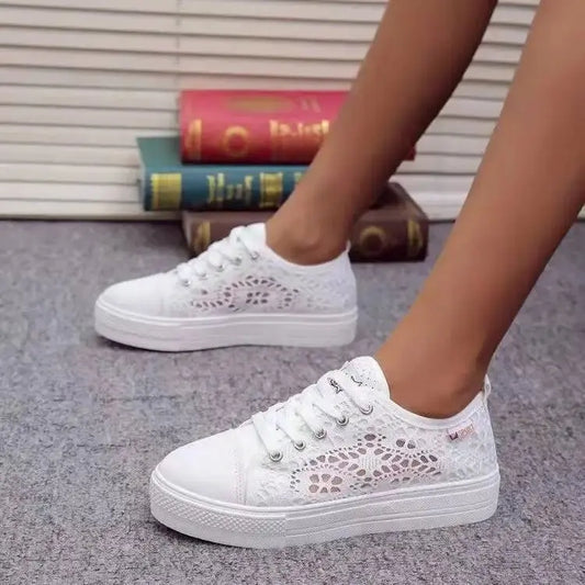 Women Shoes 2022 Fashion Summer Casual White Shoes Cutouts Lace Canvas Hollow Breathable Platform Flat Shoes Woman Sneakers - Novo Fusion