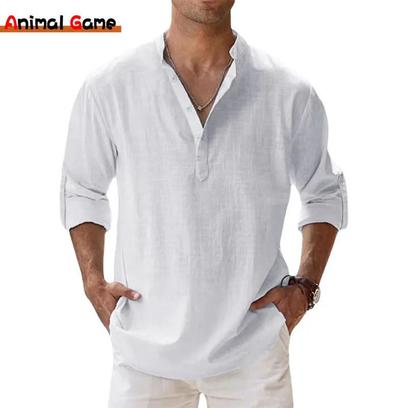 New Cotton Linen Shirts for Men Casual Shirts Lightweight Long Sleeve Henley Beach Shirts Hawaiian T Shirts for Men - Novo Fusion