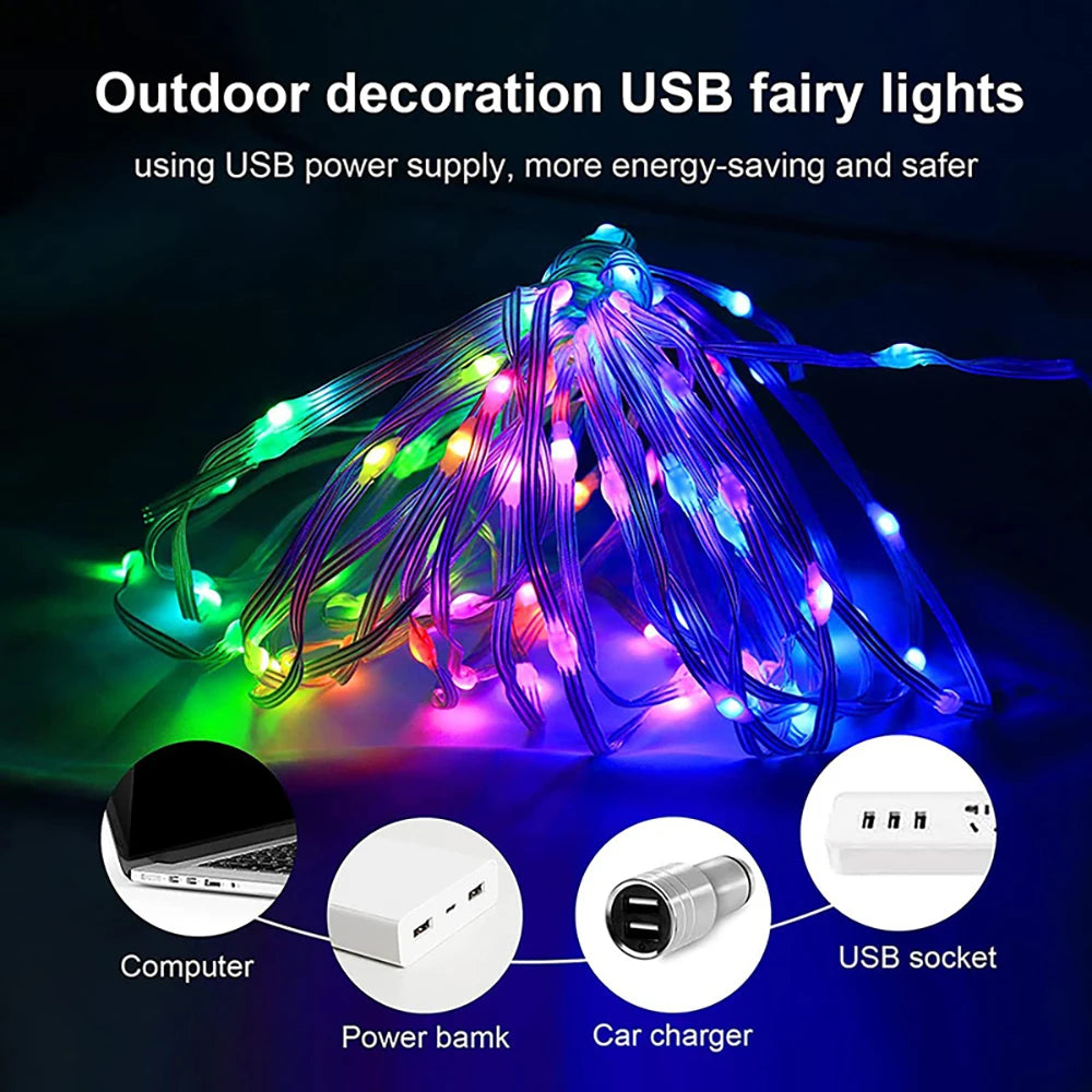 Christmas Tree Decoration LED Leather Line Light RGB IC USB 5V Bluetooth APP Control WS2812B LED Fairy Tale Light String Wedding - Novo Fusion