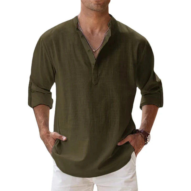 New Cotton Linen Shirts for Men Casual Shirts Lightweight Long Sleeve Henley Beach Shirts Hawaiian T Shirts for Men - Novo Fusion
